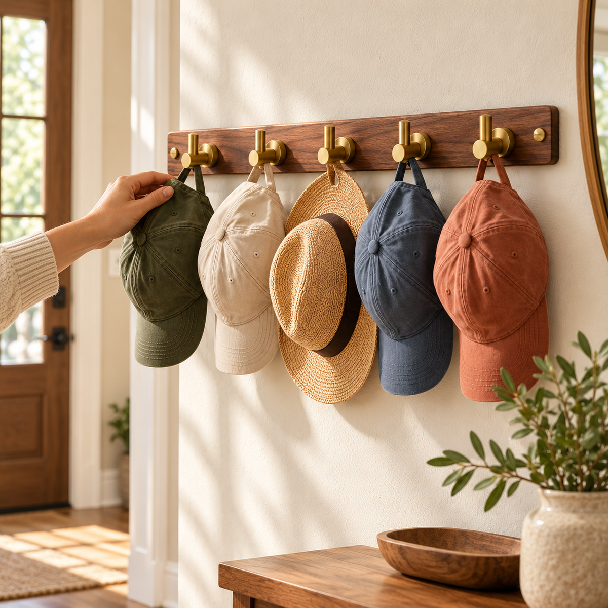 tqrdfghl™ Walnut-Tone Hat Rack with Brass-Tone Hooks — Lifestyle view 1