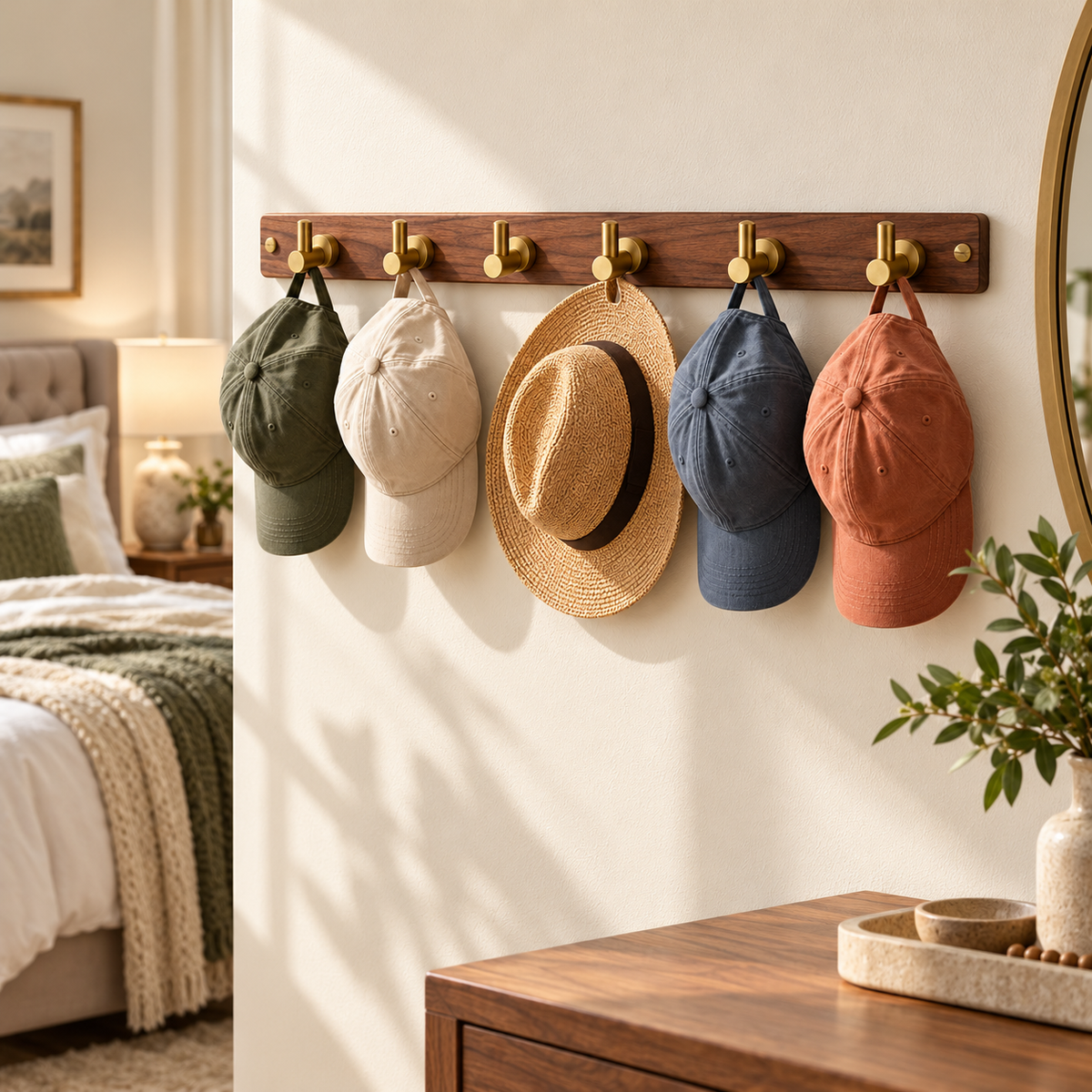 tqrdfghl™ Walnut-Tone Hat Rack with Brass-Tone Hooks — Lifestyle view 2