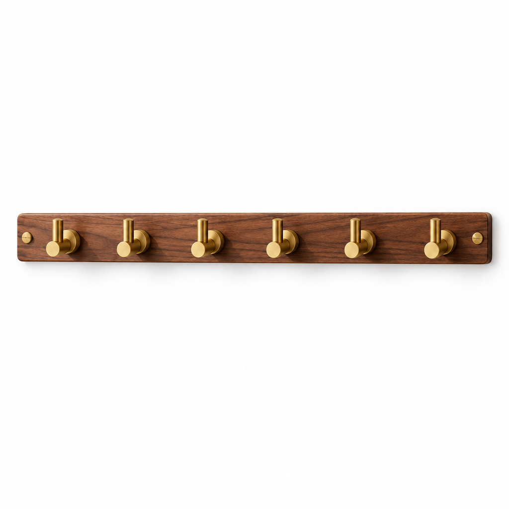tqrdfghl™ Walnut-Tone Hat Rack with Brass-Tone Hooks — White background