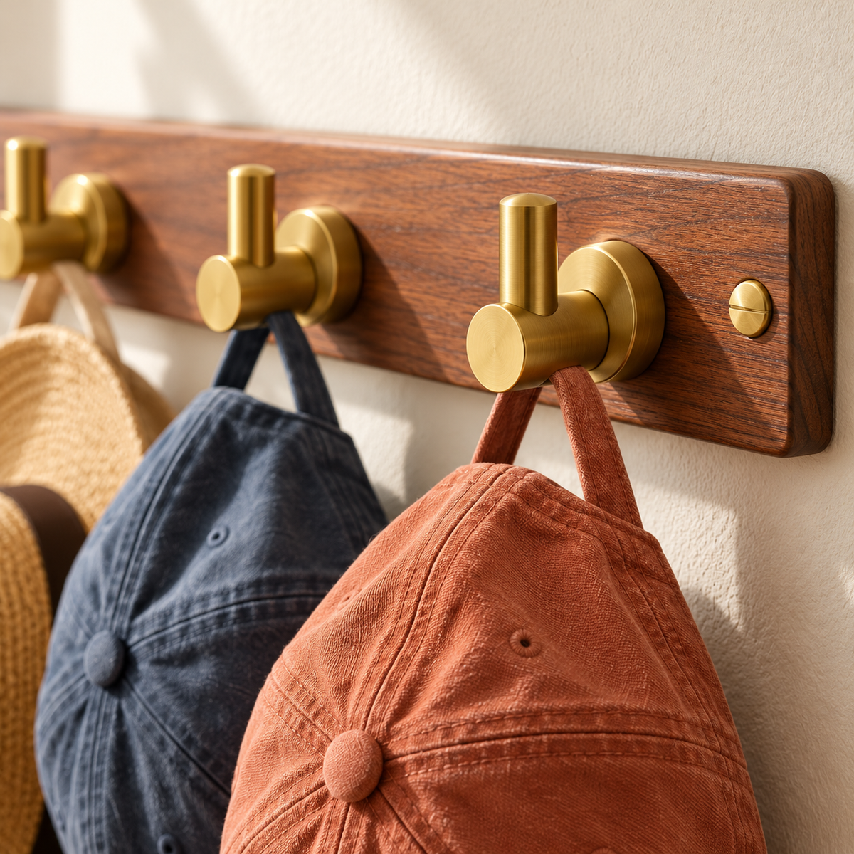 tqrdfghl™ Walnut-Tone Hat Rack with Brass-Tone Hooks — Product detail