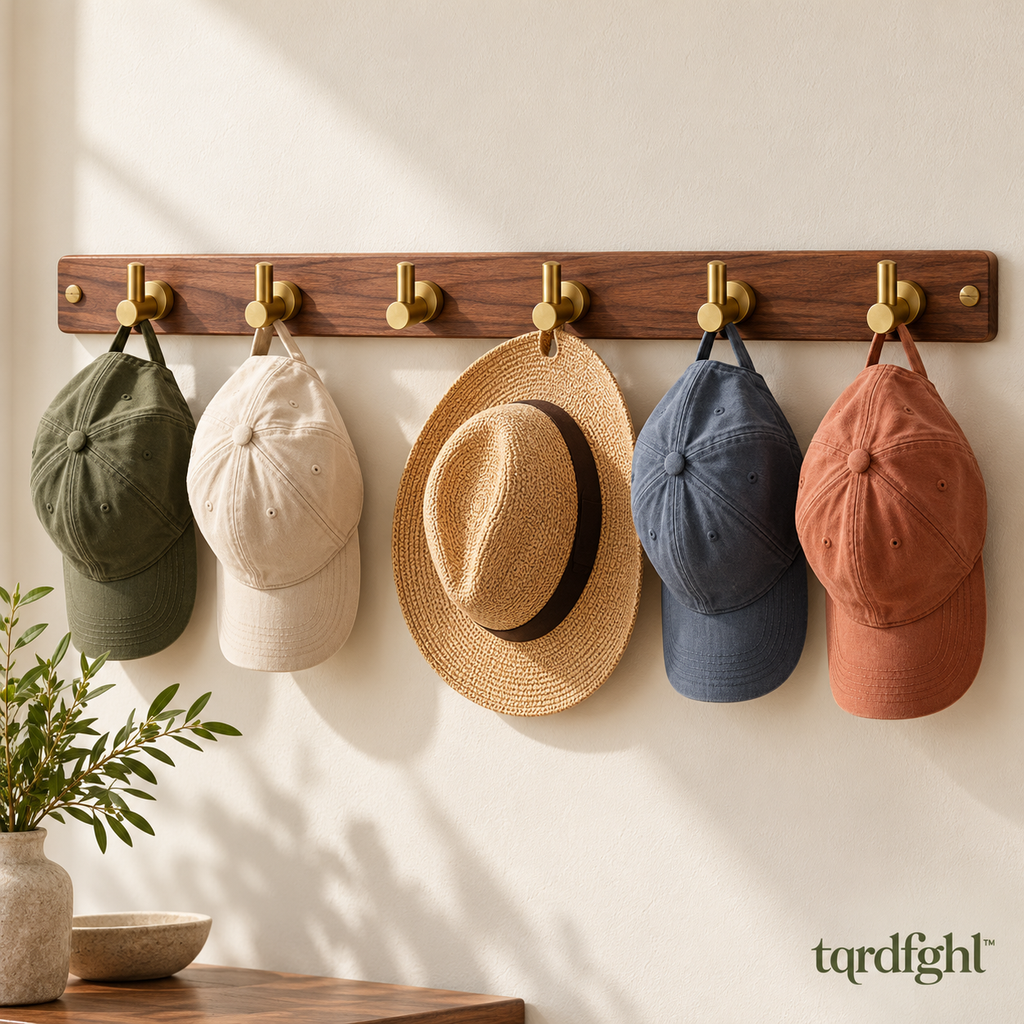 tqrdfghl™ Walnut-Tone Hat Rack with Brass-Tone Hooks — Main view