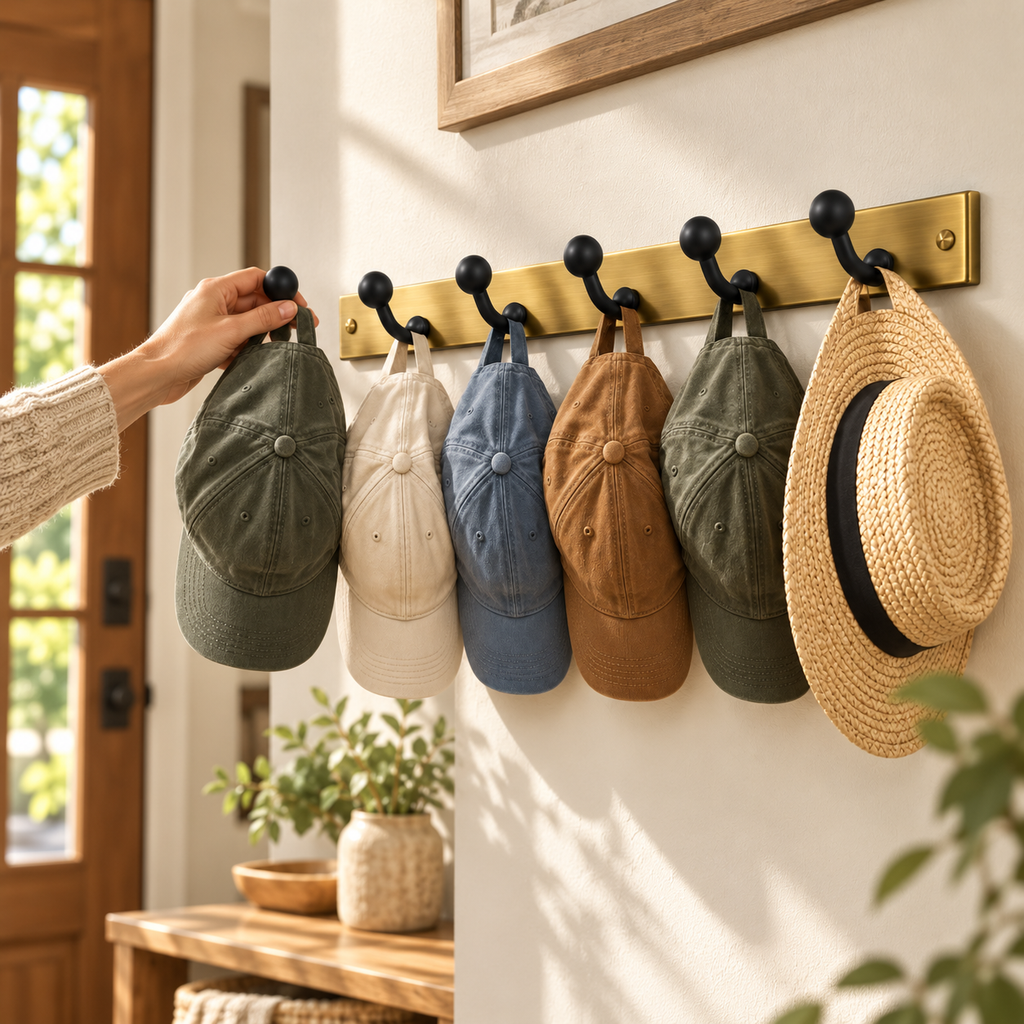 tqrdfghl™ Brass-Tone Hat Rack with Black Hooks — Lifestyle view 1