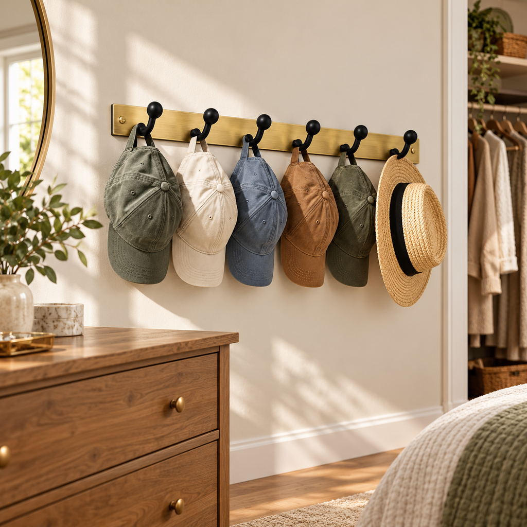 tqrdfghl™ Brass-Tone Hat Rack with Black Hooks — Lifestyle view 2