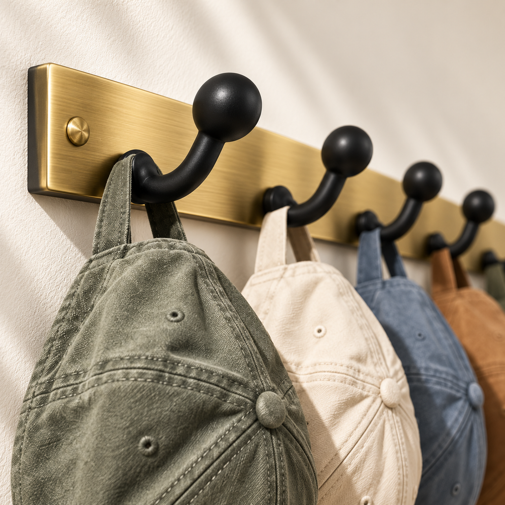 tqrdfghl™ Brass-Tone Hat Rack with Black Hooks — Product detail