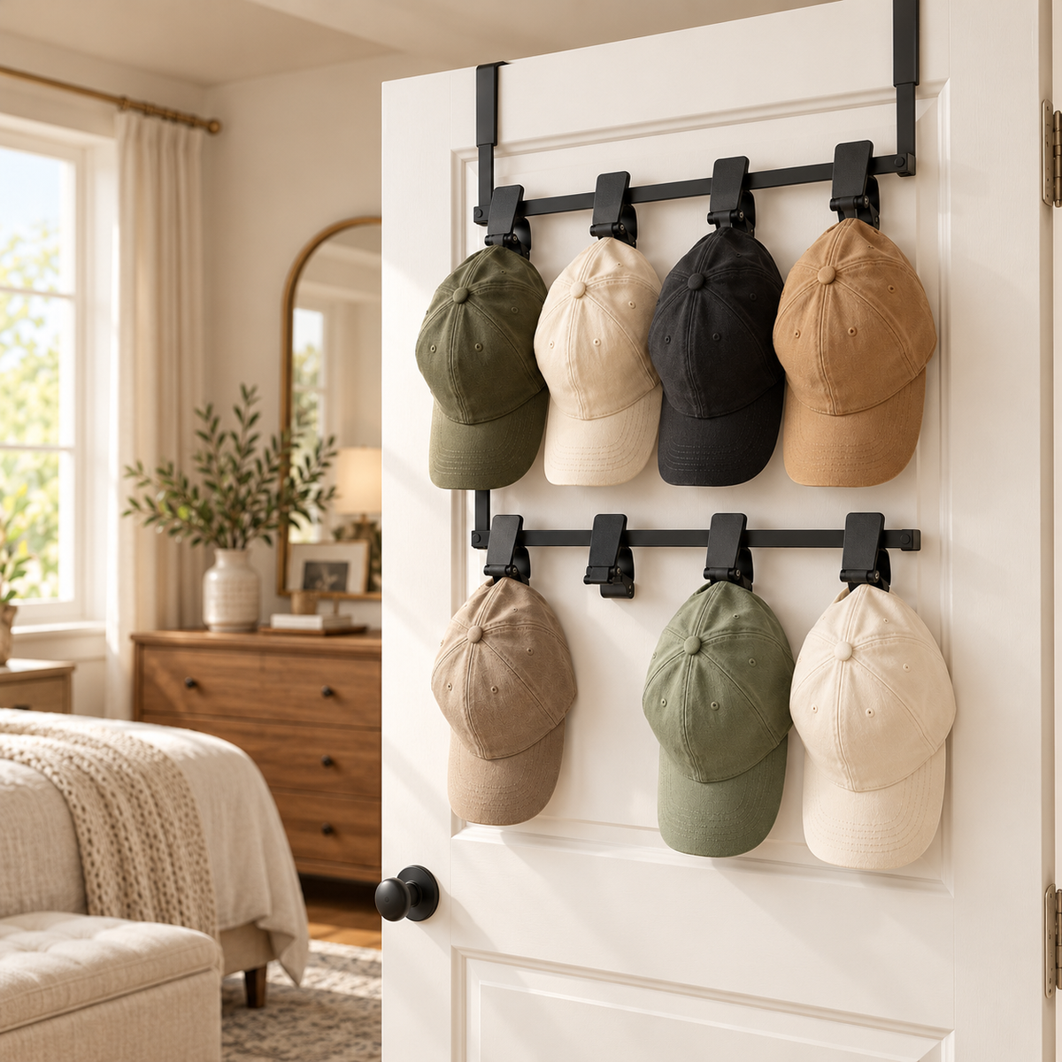 tqrdfghl™ Black Eight-Clip Over-the-Door Cap Rack — Lifestyle view 2