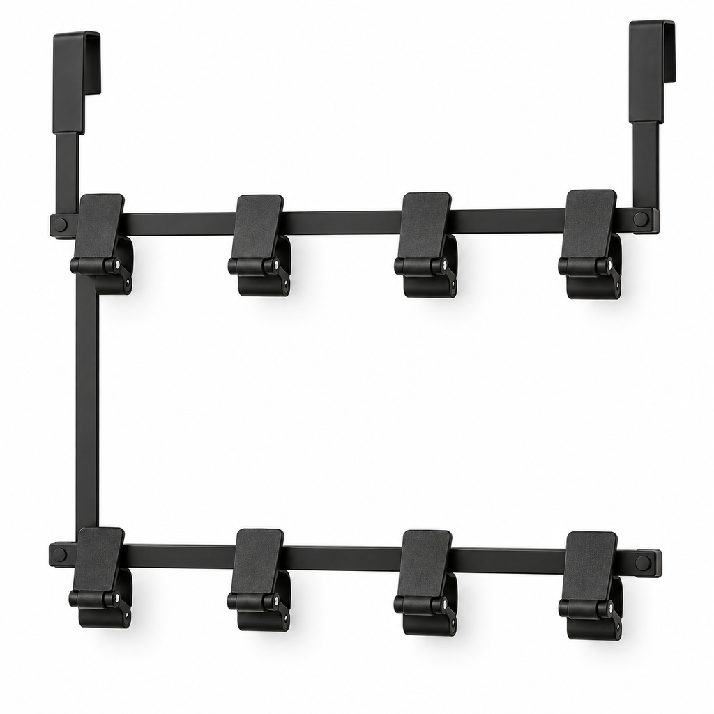 tqrdfghl™ Black Eight-Clip Over-the-Door Cap Rack — White background