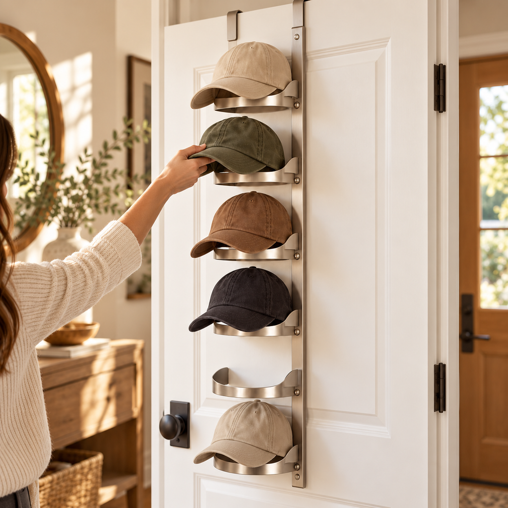 tqrdfghl™ Six-Tier Metal Over-the-Door Cap Rack — Lifestyle view 1