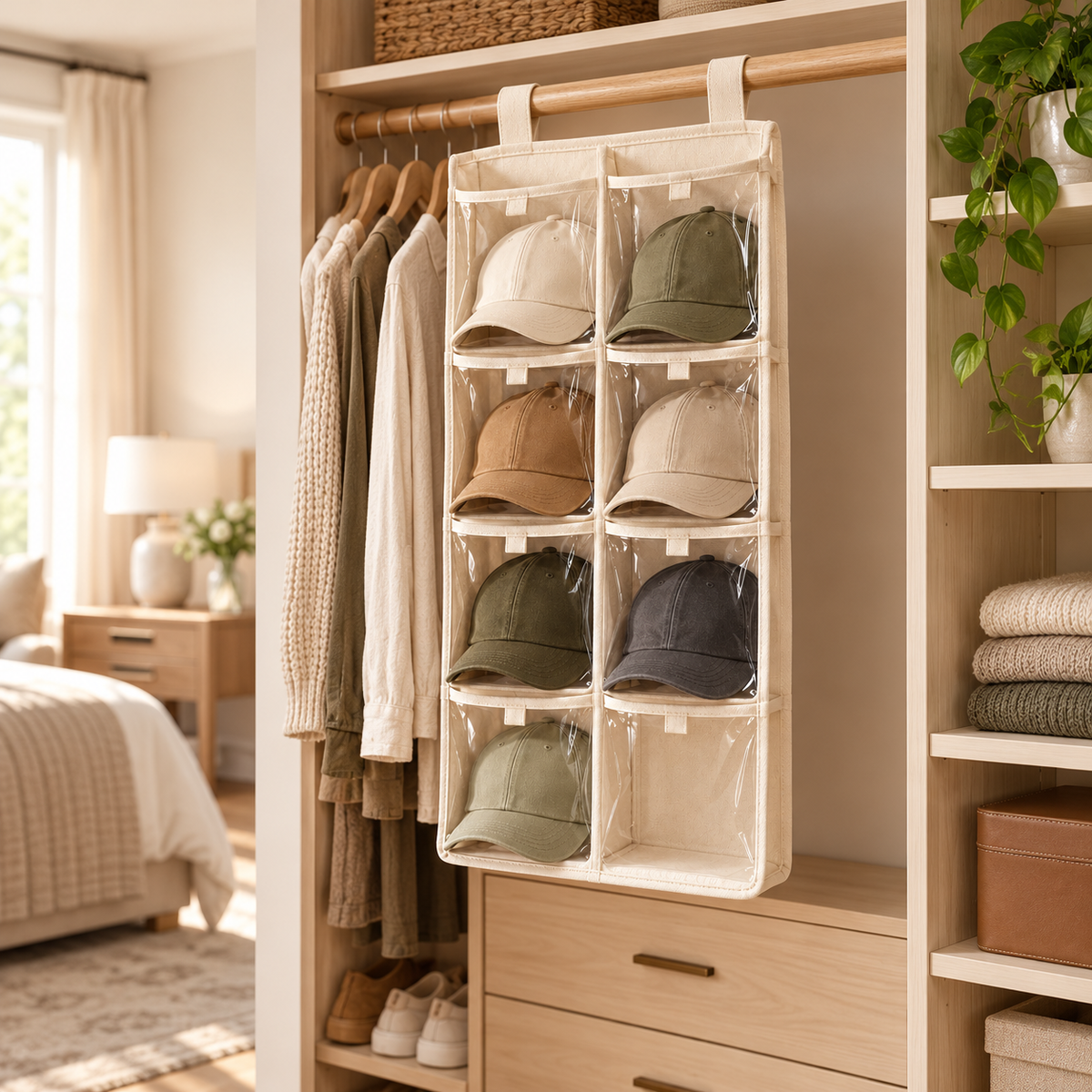 tqrdfghl™ Eight-Pocket Clear-Front Hanging Cap Organizer — Lifestyle view 2