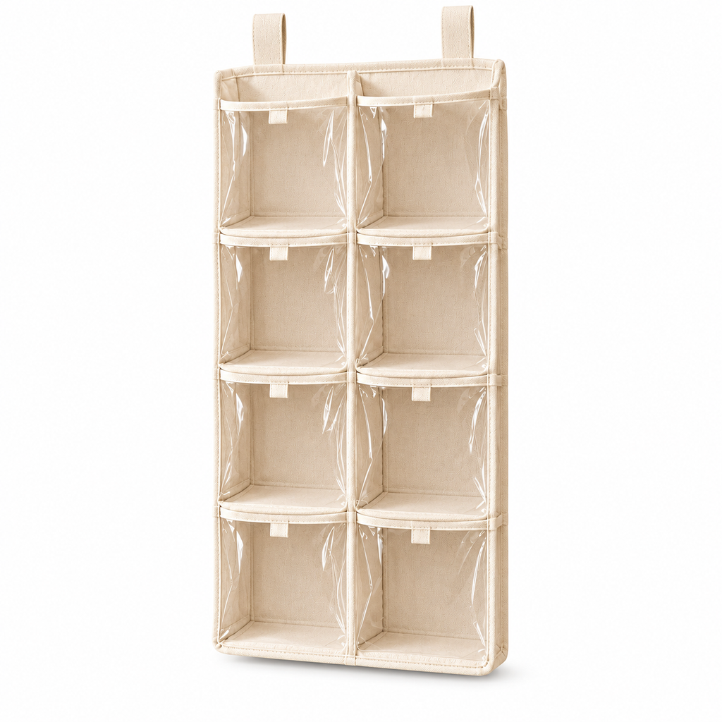 tqrdfghl™ Eight-Pocket Clear-Front Hanging Cap Organizer — White background