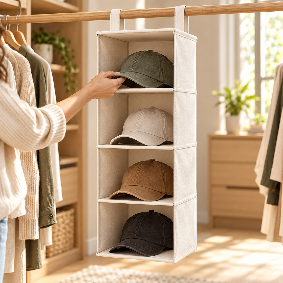 tqrdfghl™ Four-Shelf Hanging Hat Organizer — Lifestyle view 1