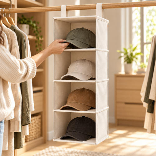 tqrdfghl™ Four-Shelf Hanging Hat Organizer — Lifestyle view 1